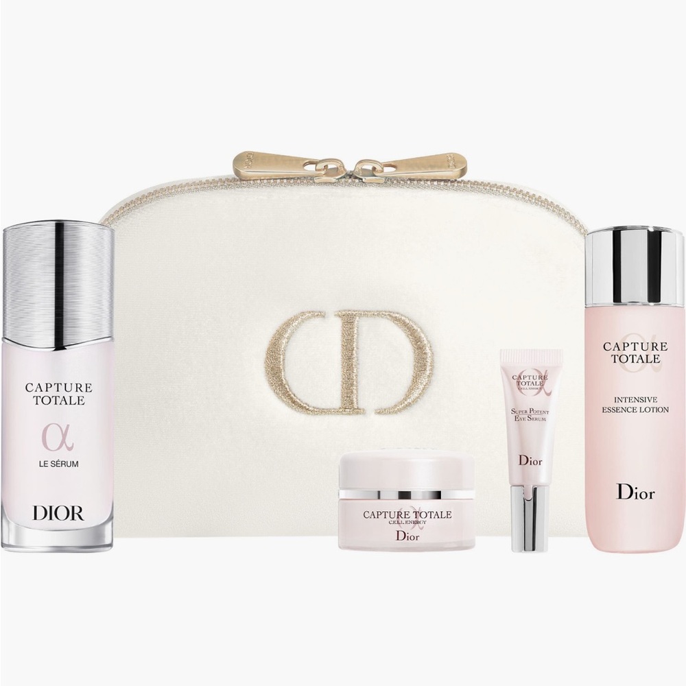 New Dior Capture Totale Skincare Set with Pale Pink Bottles and Cream in Pouch